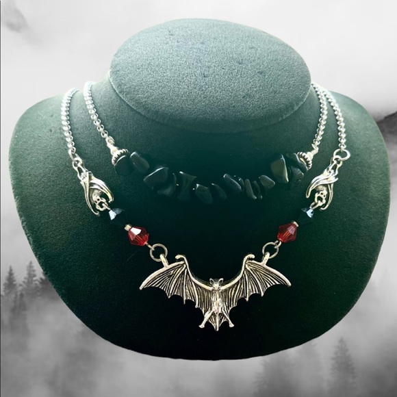Silverskylight Jewelry - Silver Bat choker necklace . Double layer onyx chips & bats Handmade goth boho